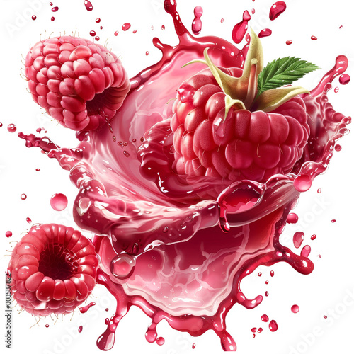 Bursting raspberries with vibrant splash isolated on transparent background, perfect for food marketing and culinary art photo