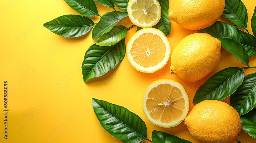The freshness of ripe, juicy lemons alongside orange and green leaves against a radiant yellow backdrop The freshness of ripe, juicy lemons alongside orange and green leaves against a radiant yellow backdrop