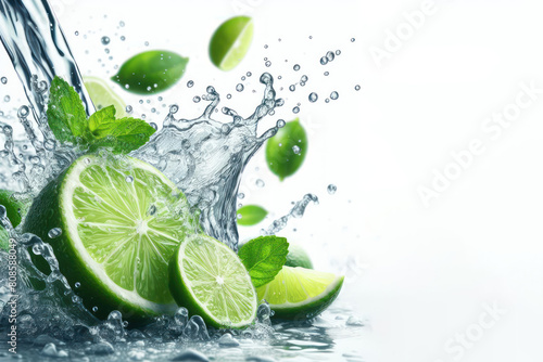 Lime with water splash on white background
