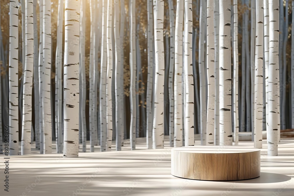 Simple cylindrical podium in a sunlit aspen grove, the white bark echoing the clean lines of the podium design Simple cylindrical podium in a sunlit aspen grove, the white bark echoing the clean lines of the podium design