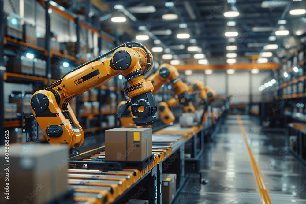 Automated robotic arms handling packaging in industrial warehouse. Modern technology and automation concept for design and banner Automated robotic arms handling packaging in industrial warehouse. Modern technology and automation concept for design and banner