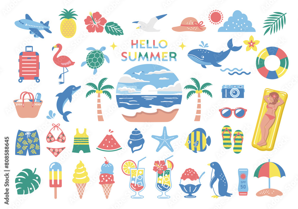 夏・海のイラストセット 南国 旅行 アイコン ビーチ 装飾 夏・海のイラストセット 南国 旅行 アイコン ビーチ 装飾