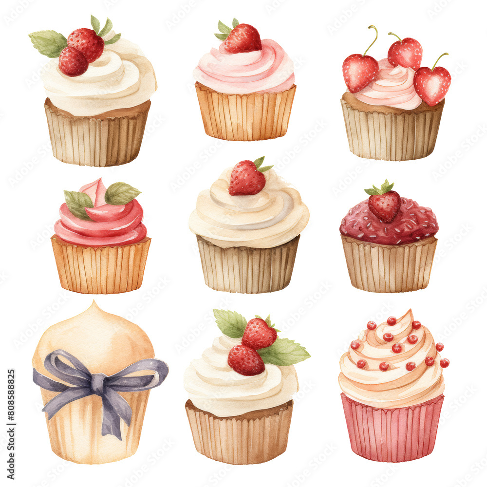set of cupcakes with cream and strawberries set of cupcakes with cream and strawberries