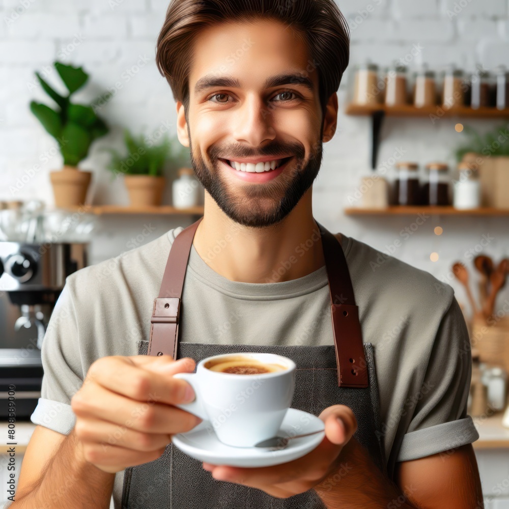 friendly barista with a cup of coffee on a white background friendly barista with a cup of coffee on a white background