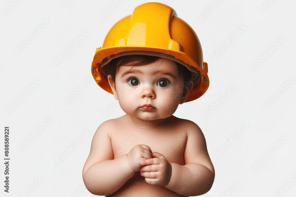 baby wearing a yellow construction helmet isolated on a solid white background baby wearing a yellow construction helmet isolated on a solid white background