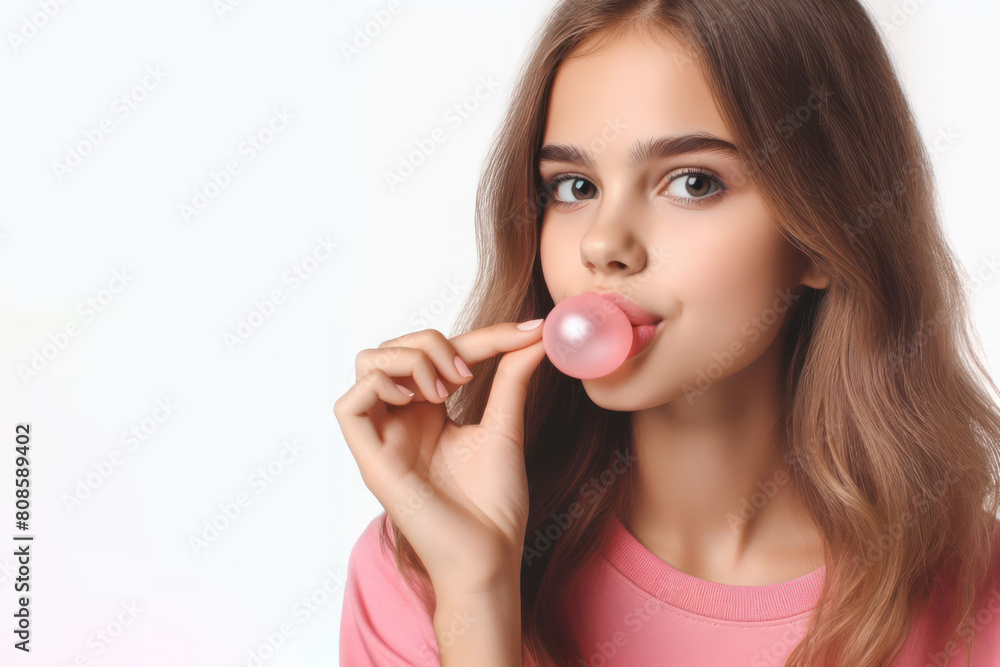 girl chewing pink gum on white background girl chewing pink gum on white background