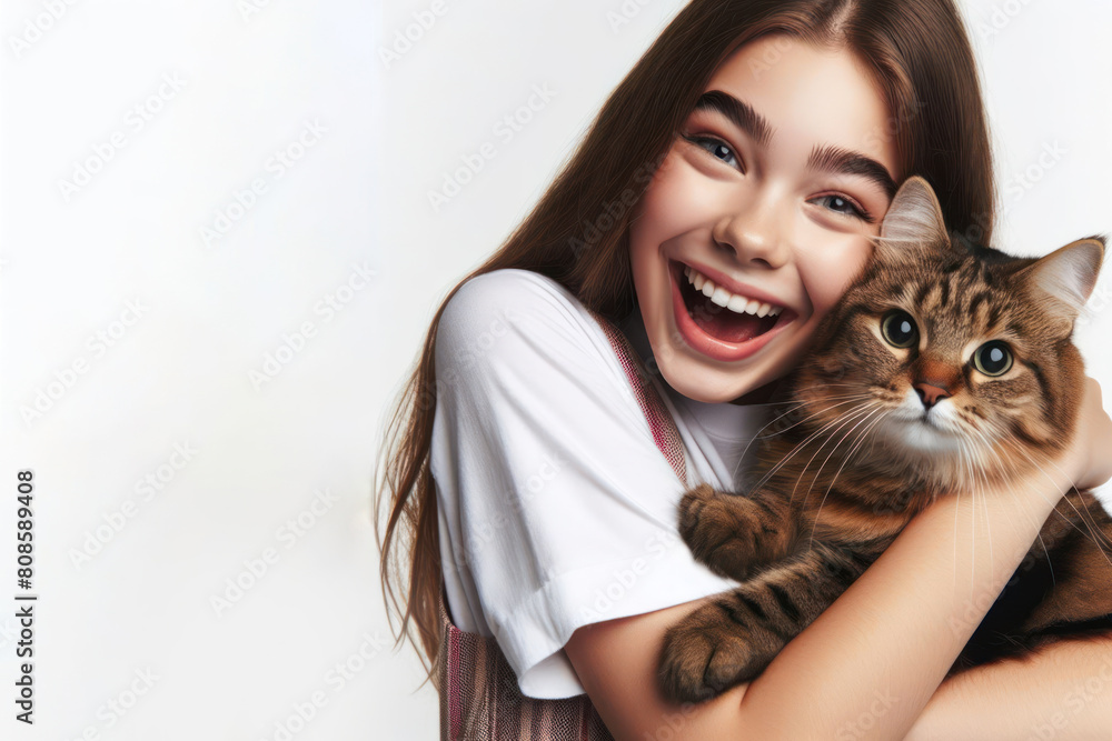 girl with joyful expression hugging her tabby cat isolated on white background copy space