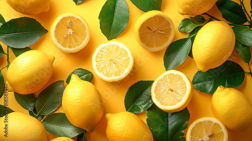 The freshness of ripe  juicy lemons alongside orange and green leaves against a radiant yellow backdrop
