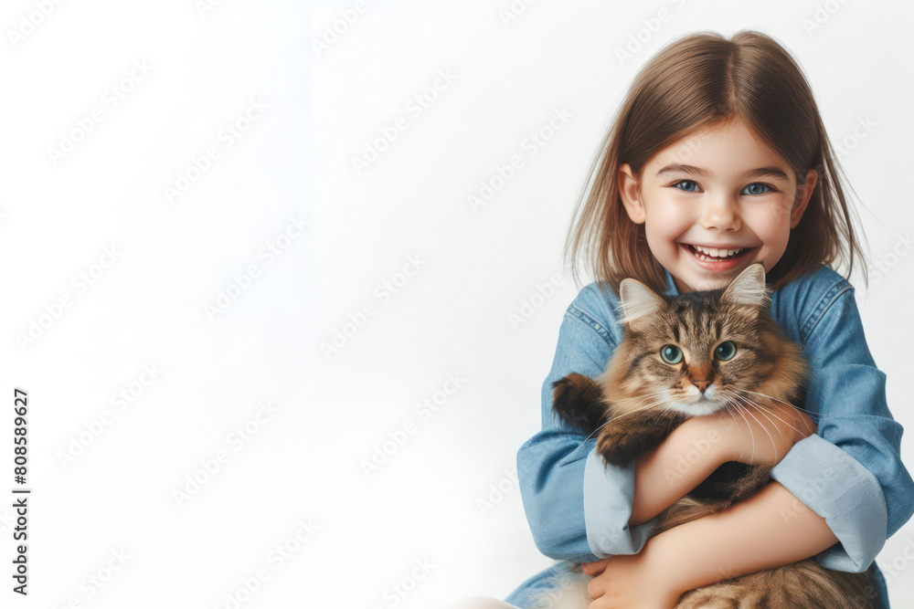 little girl with joyful expression hugging her tabby cat isolated on white background copy space little girl with joyful expression hugging her tabby cat isolated on white background copy space
