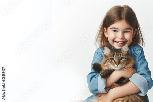 little girl with joyful expression hugging her tabby cat isolated on white background copy space
