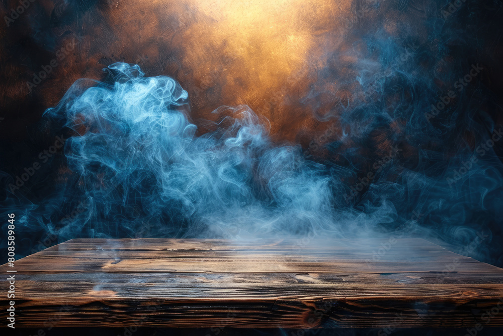 Stone table with blue smoke in the background, dark wall. Created with AI