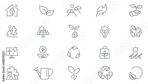 Energy and Ecology icon set. Protection, planet care, natural recycling power, renewable energy, solar cells, environment, Renewable energy, green technology, sustainability, nature, water icon