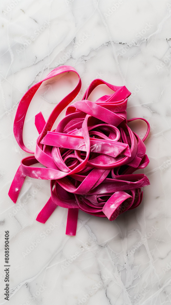 A visually enticing product photo showcases handmade red tagliatelle pasta crafted from organic beets and vibrantly colored flour. The pasta is elegantly arranged on a sleek marble background A visually enticing product photo showcases handmade red tagliatelle pasta crafted from organic beets and vibrantly colored flour. The pasta is elegantly arranged on a sleek marble background