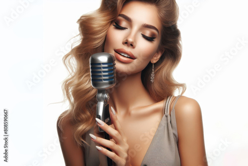 a beautiful american female singer woman singing into microphone isolated on white background