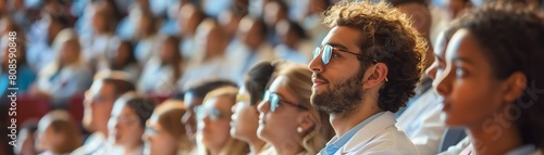 Capture a panoramic view of a diverse group of medical students in a lecture hall, showcasing their enthusiasm and curiosity vividly in watercolor style photo