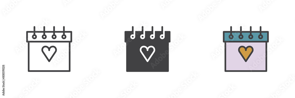 Calendar with heart different style icon set Calendar with heart different style icon set