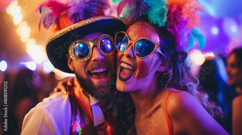 Man and a woman wearing sunglasses and hats, posing in silly costumes and making funny faces, carnaval