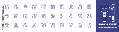 Fork and knife line icon collection. Editable stroke. Vector illustration. Containing cutlery  knife  spoon  restaurant  food  online  search  dinner  kitchen utensils  gastronomy.