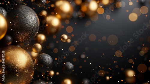 3D rendering of a dark background with floating gold and black spheres.