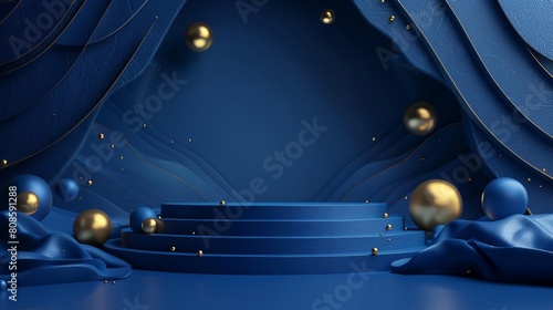 Blue abstract background with podium for product showcase.