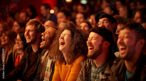 Diverse group of people share a moment of joy, laughing out loud together at an evening event