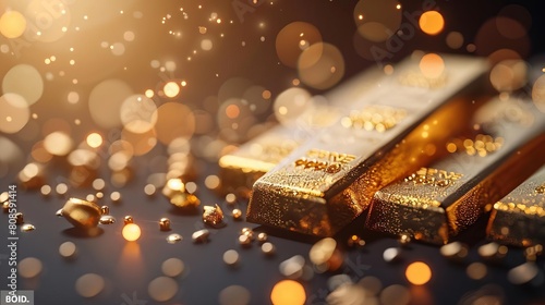 The image shows three gold bars on a black surface. The bars are surrounded by a sprinkling of gold dust, and the background is a dark, glittering blur.
