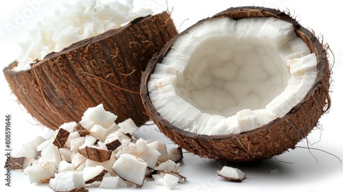 A coconut cut in half with some coconut chips isolated on white background, minimalism
