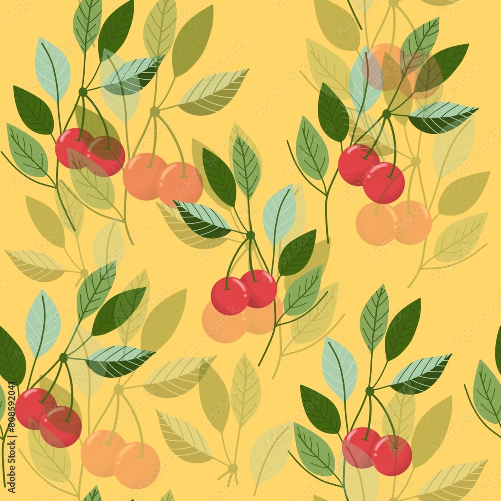 Yellow pattern with red cherries and green leaves. Fruits pattern. Yellow pattern with red cherries and green leaves. Fruits pattern.