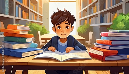 Boy doing home work with alots of books in background  photo