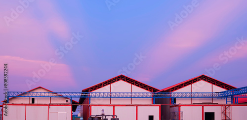 Row of industrial cold storage warehouse buildings structure with electrical cable ladder in factory construction site against pink sunlight cloud on blue evening sky  photo