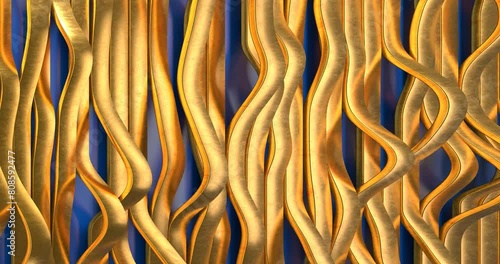 Long gold bronze yellow shiny ribbon lines wriggle like waves on a light blue background, abstract colored background with stripes,  loop animation, 3d rendering photo