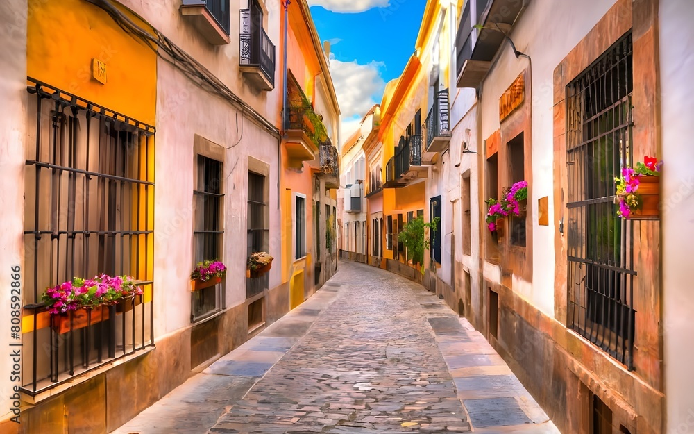 Obraz premium Picturesque narrow street in Spanish city old town. Typical traditional whitewashed houses with blooming plants, flowers, cobbled street in a small cozy town in Spain, photo