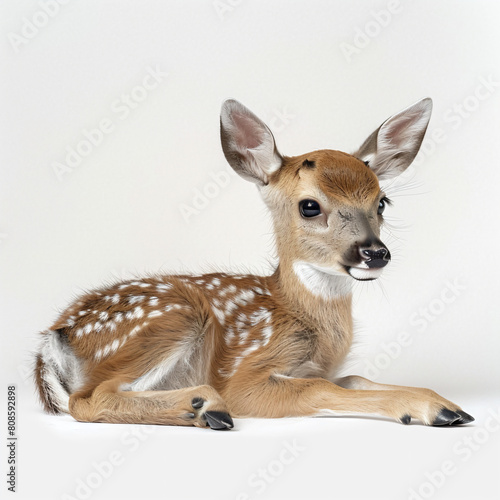 a baby deer laying down on a white surface
