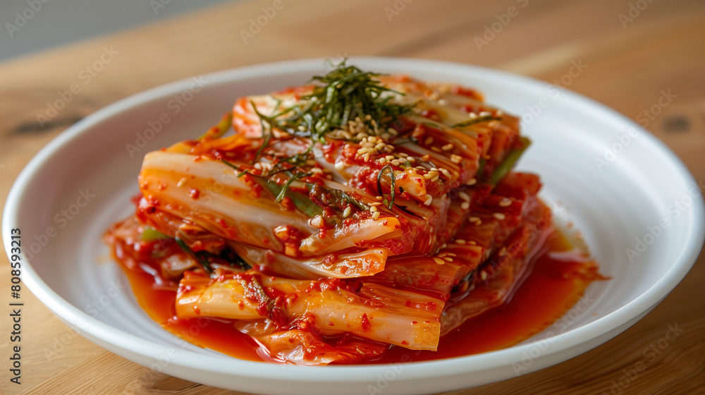 White ceramic plates placed on a plain wooden table. On top lay bright red kimchi, Ai Generated Images White ceramic plates placed on a plain wooden table. On top lay bright red kimchi, Ai Generated Images