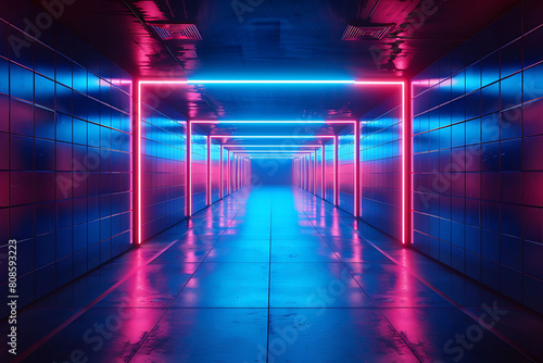 A long, narrow hallway with neon lights on the ceiling