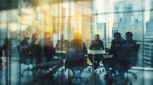 Business people having a board meeting in a conference room visible through a glass wall
