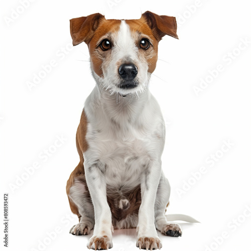 a dog sitting on a white surface looking at the camera