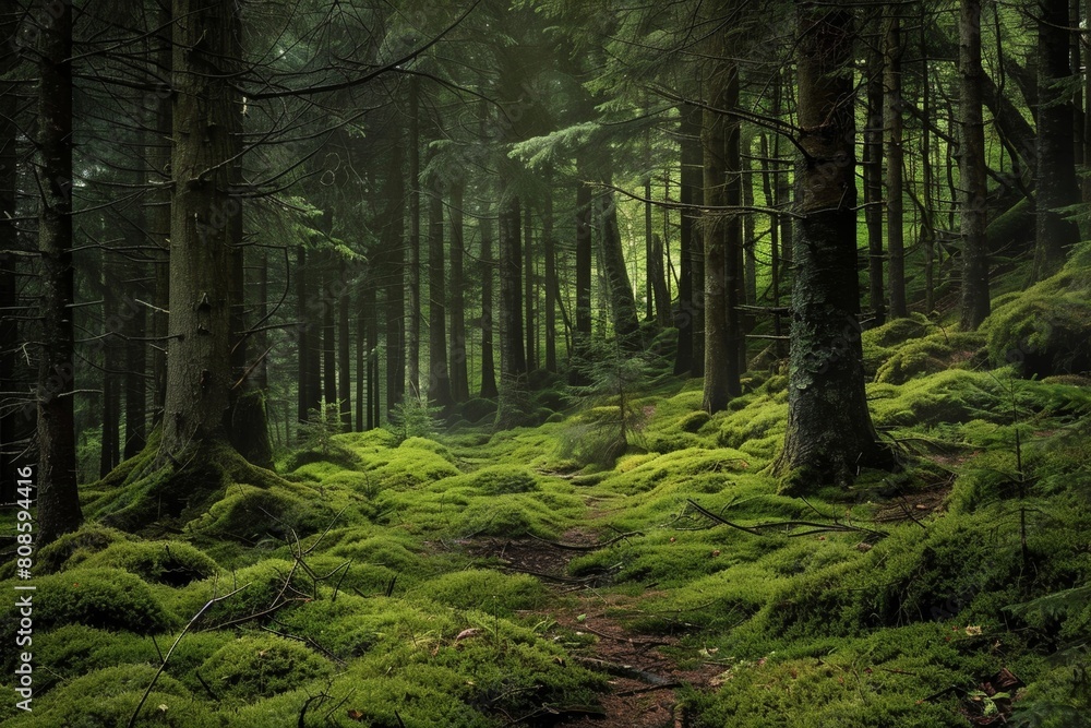 Fototapeta premium Sunlit Forest Path with Lush Greenery
