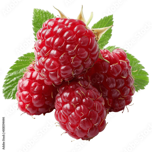 A close-up image of a cluster of red raspberries with green leaves on a green background. photo