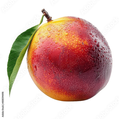 A juicy, ripe peach with a single leaf. The peach is isolated on a solid green background. photo