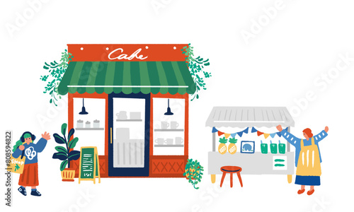 カフェのイベントと外観と女性のイラスト
