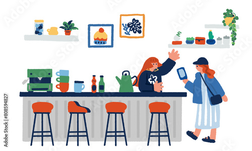 カフェでスマホを見せる女性のイラスト
