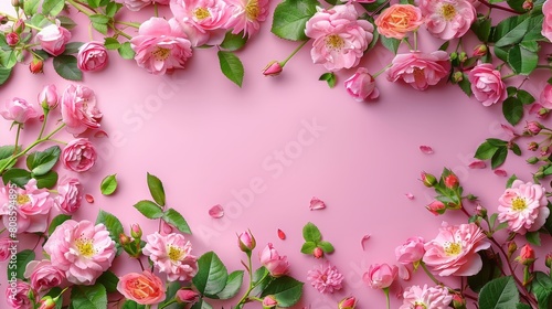 Banner with frame made of rose flowers and green leaves on a pink background. Springtime composition with copyspace.