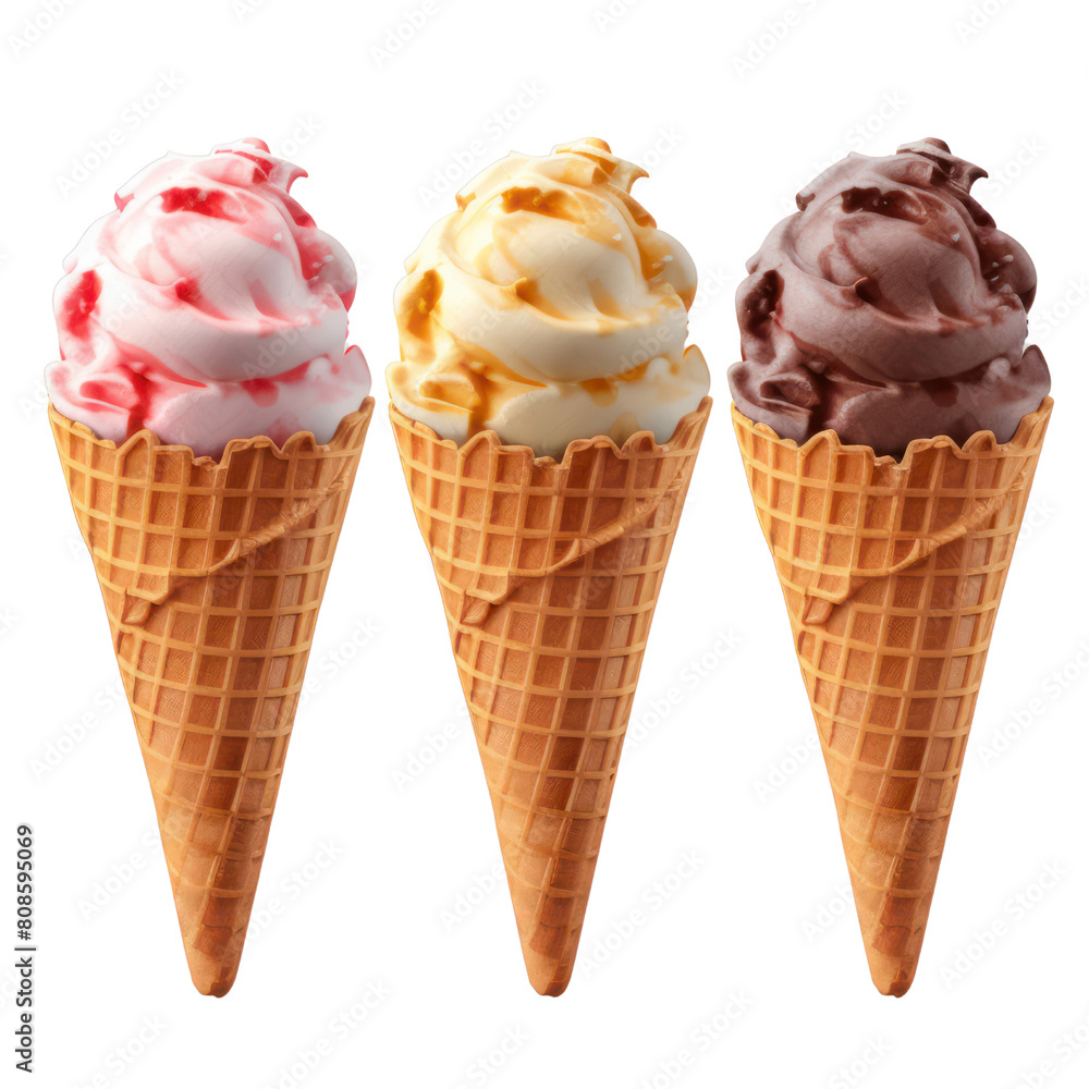 Three ice cream cones in a row. The left cone has strawberry ice cream, the middle cone has vanilla ice cream, and the right cone has chocolate ice cream. Three ice cream cones in a row. The left cone has strawberry ice cream, the middle cone has vanilla ice cream, and the right cone has chocolate ice cream.