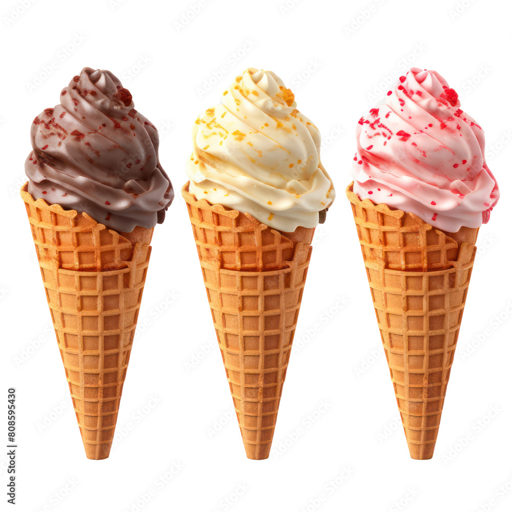 Three delicious ice cream cones in a row, each with a different flavor: chocolate, vanilla, and strawberry.