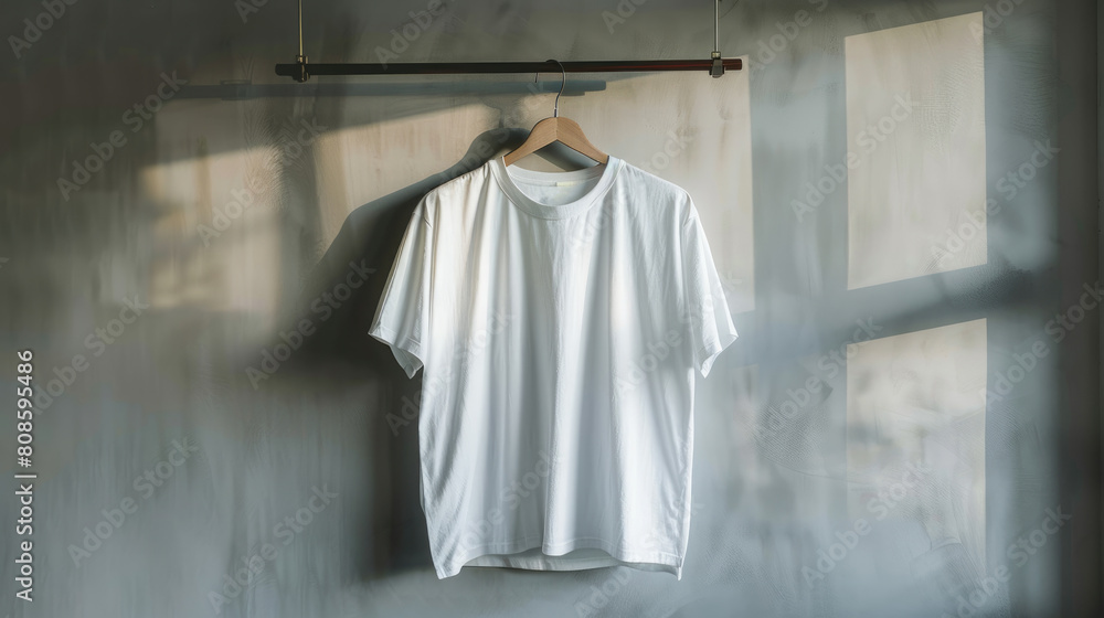 A white T-shirt on a gray background. A white T-shirt on a gray background.