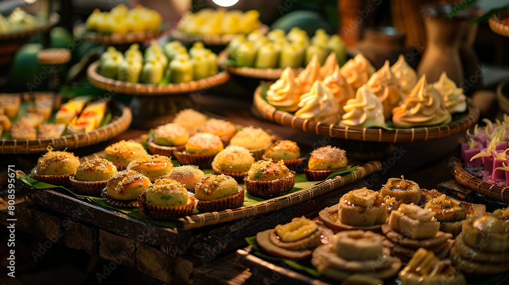 Elegant display of delicious Thai desserts in a rustic market setting, showcasing traditional sweets such as 'thong yip' and 'kanom krok' under warm lightingrealistic photography