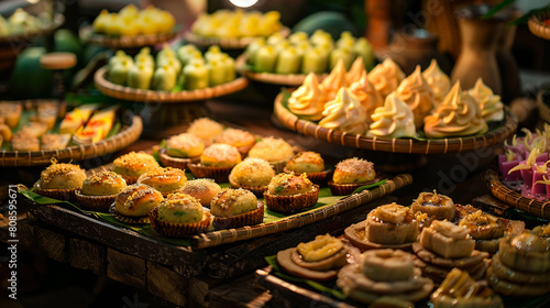 Elegant display of delicious Thai desserts in a rustic market setting, showcasing traditional sweets such as 'thong yip' and 'kanom krok' under warm lightingrealistic photography photo