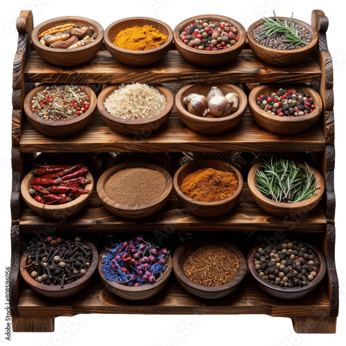Various spices in wooden bowls on shelves.
