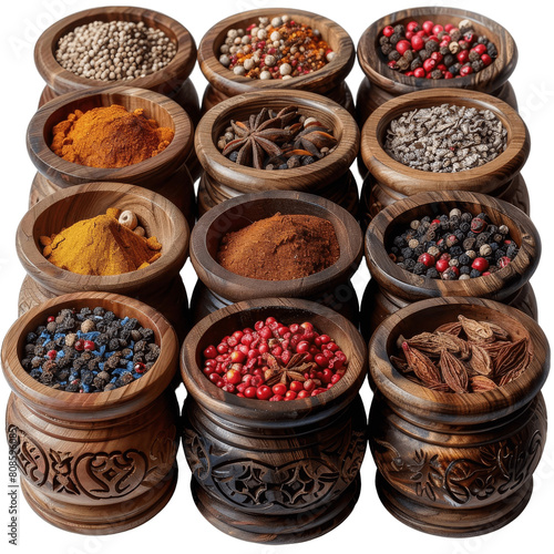 Various spices in wooden bowls over green background.